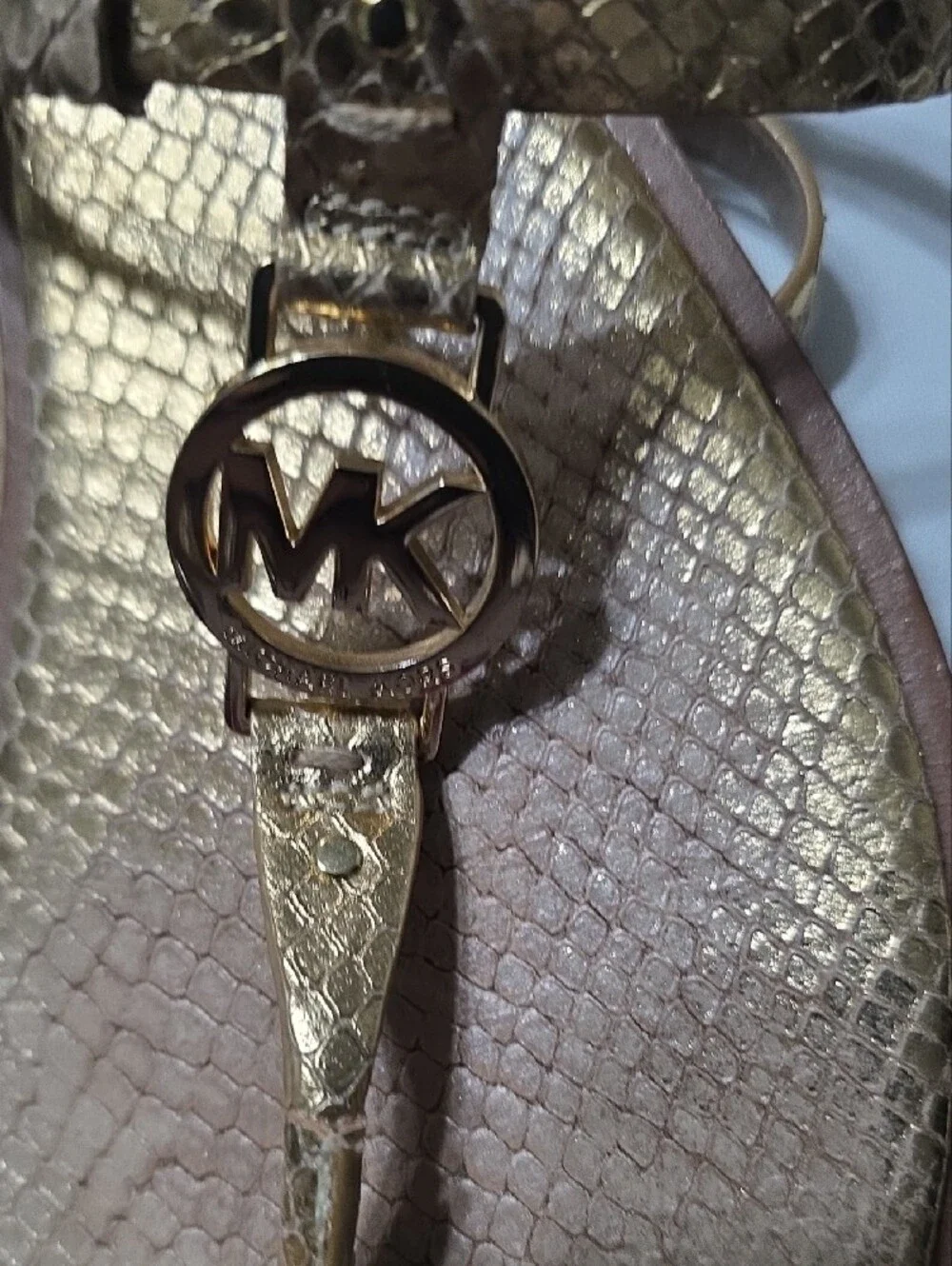 Michael Kors Gold Metallic MK Logo Thong Sandals 10